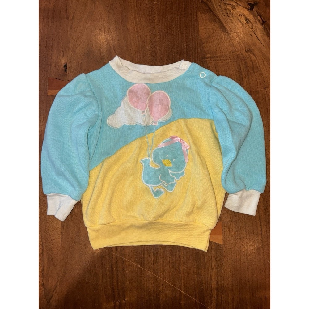 Vtg Doe Spun Baby Sweatshirt Chick Balloons Hearts 12 Months Collared